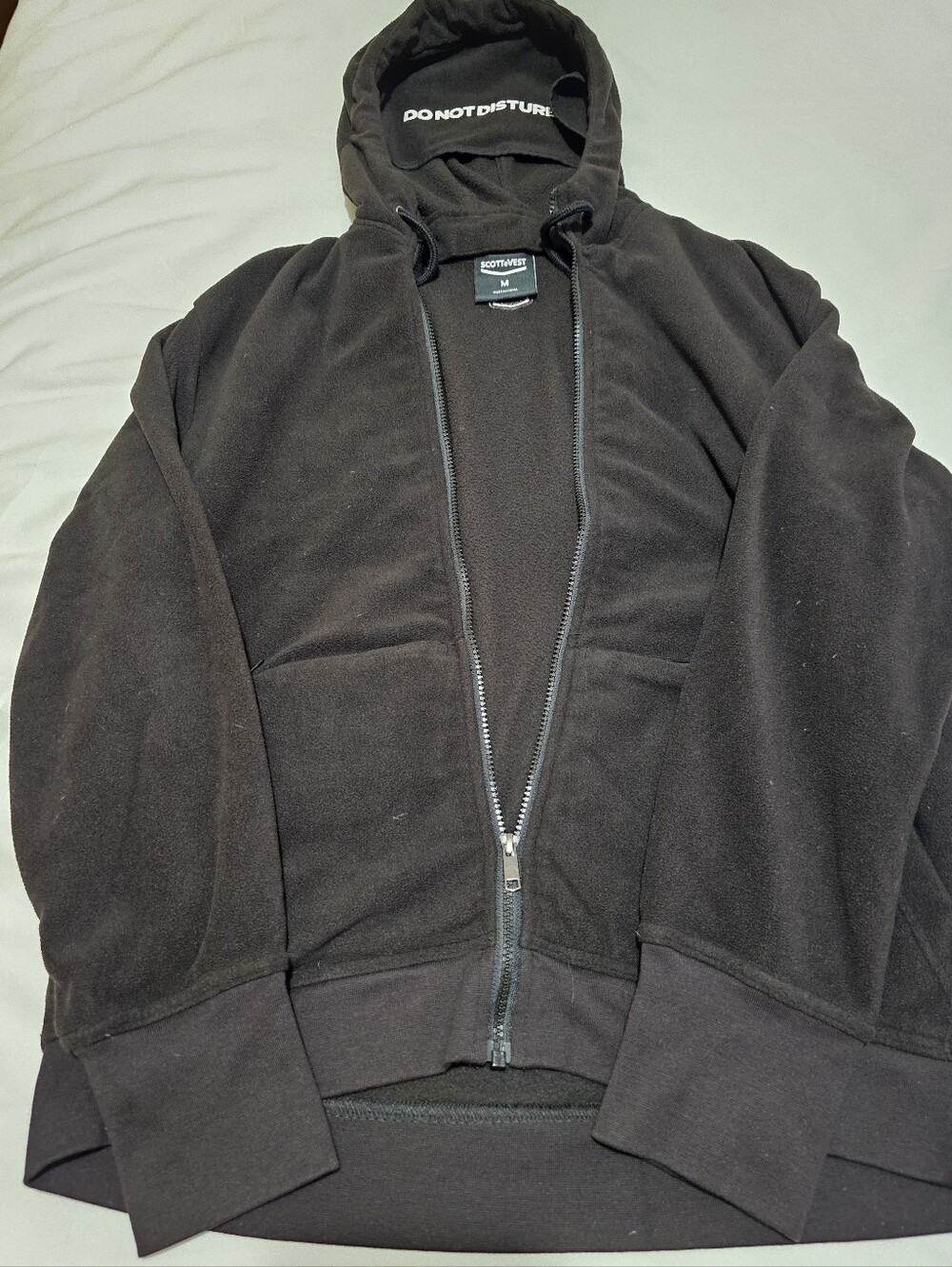 Scottevest Black Zip-Up Hooded Sweater with 'DO NOT DISTURB' Hood Text